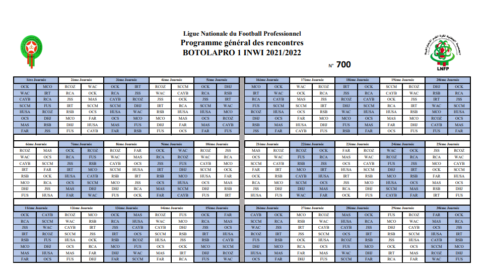 جدول مبارايات البطولة الوطنية الاحترافية الدرجة الأولى