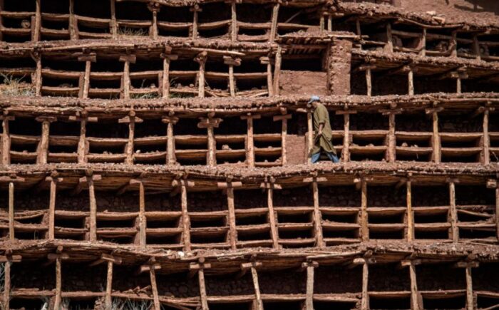 بناء من الطين والخشب يضم خلايا التحل في مزرعة بقرية أنزركي جنوب المغرب