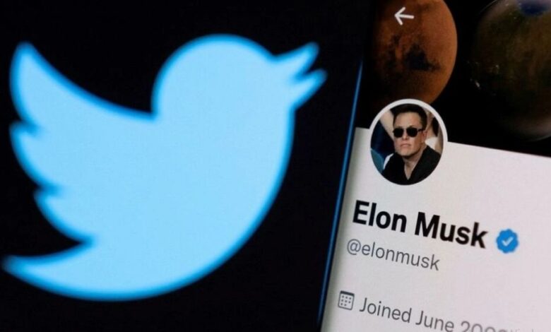 حساب إيلون ماسك على تويتر على هاتف ذكي أمام شعار شبكة التواصل الاجتماعي