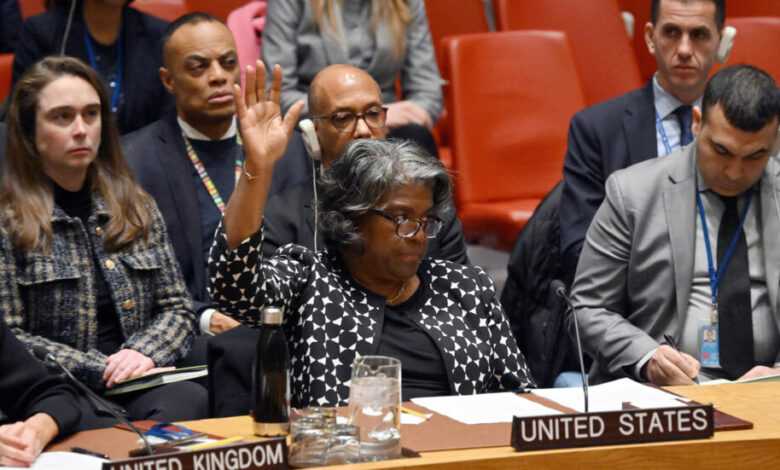 السفيرة الأميركية لدى مجلس الأمن ليندا توماس غرينفيلد لدى تصويتها بالفيتو على وقف لإطلاق النار في غزة، في مجلس الأمن في 20 فبراير 2024